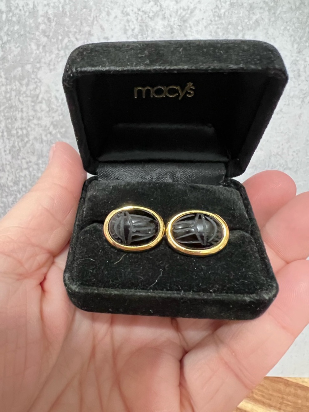 Rare Pair Christian Dior Gold Black Carved Scarab Egyptian Revival CuffLinks